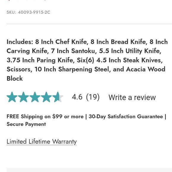 Viking 15-PC Stainless Steel Cutlery Set w/Acacia Wood Block - Picture 13 of 16